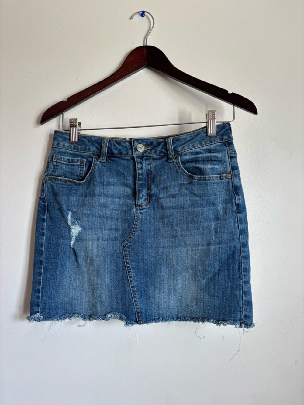 Altar'd State Medium Blue Denim Mini Skirt with Distressed Hem